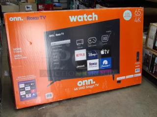 ONN Roku TV, 65 Inch, 4K UHD Smart TV, HDMI
Base =11.3, width 3.2, length 57.3
Brand New in Box, never used