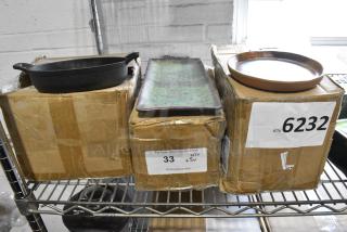 3 BRAND NEW SCRATCH AND DENT! Various Items Including Valor 16 oz. Pre-Seasoned Mini Cast Iron Oval Casserole Dish, cheforward™ by GET Savor 6" Round Clay Azul Iris Melamine Plate - 24/Case, cheforward™ by GET Savor 12" x 5 1/8" Rectangle Spruce Melamine Plate - 12/Case. 3 Times Your Bid!