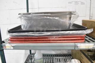 6 BRAND NEW SCRATCH AND DENT! Items Including 4070049 Choice Full Size 4" Deep 24 Gauge Anti-Jam Stainless Steel Steam Table / Hotel Pan, 407BUNFULLBK Baker's Lane Full Size 18 Gauge Non-Stick 18" x 26" Black Wire in Rim Aluminum Bun / Sheet Pan / Tray, 3 San Jamar CBG182412RD Saf-T-Grip® 24" x 18" x 1/2" Red Cutting Board with Hook. 6 Times Your Bid!