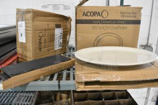 2 BRAND NEW SCRATCH AND DENT! Items Including 304SLRE1154 Acopa 11 1/2" x 4" Rectangular Black Slate Tray with Soapstone Chalk - 24/Case and 303TNR14 Acopa 13 1/2" x 10 1/2" Ivory (American White) Narrow Rim Oval Stoneware Platter - 12/Case. 2 Times Your Bid!