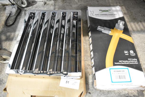 2 BRAND NEW SCRATCH AND DENT! Items Including 600GKM1236 Regency 36" Mobile Gas Connector Hose Kit with 2 Elbows, Full Port Valve, Restraining Device, and Quick Disconnect - 1/2" and 190HFC1620SA 20"(H) x 16"(W) x 2"(T) Stainless Steel Filter with Spark Arrestor. 2 Times Your Bid! - Image 1 of 5