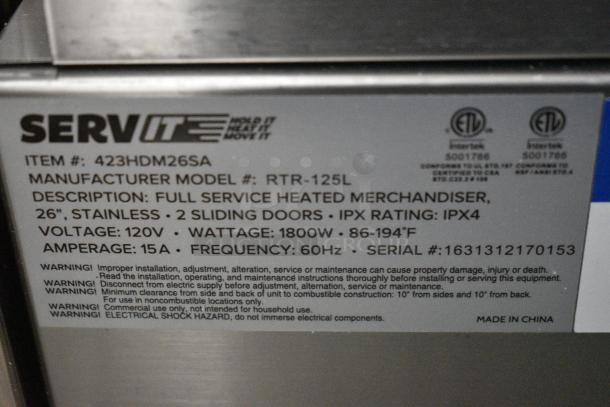 BRAND NEW SCRATCH AND DENT! ServIt 423HDM26SA HDM-26 26" Self / Full Service 3 Shelf Countertop Heated Display Case with Sliding Doors. See Pictures for Broken Glass. 120 Volts, 1 Phase. Cannot Test Due To Damaged Plug - Image 9 of 10