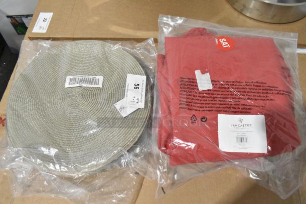 4 BRAND NEW SCRATCH AND DENT! Items Including Taupe 66304 Round Woven Placemat and 427UMCSR09SB Lancaster Table & Seating 9' Round Poppy Red Replacement Umbrella Canopy for Steel Push Lift Umbrellas. 4 Times Your Bid! - Image 1 of 5