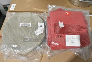 4 BRAND NEW SCRATCH AND DENT! Items Including Taupe 66304 Round Woven Placemat and 427UMCSR09SB Lancaster Table & Seating 9' Round Poppy Red Replacement Umbrella Canopy for Steel Push Lift Umbrellas. 4 Times Your Bid!