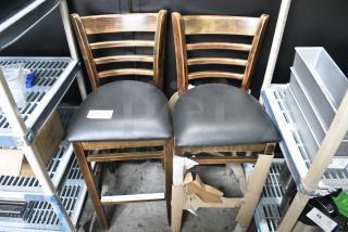 2 BRAND NEW SCRATCH AND DENT! Lancaster Table & Seating Wood Pattern Bar Height Chair w/ Black Seat Cushion. 2 Times Your Bid!