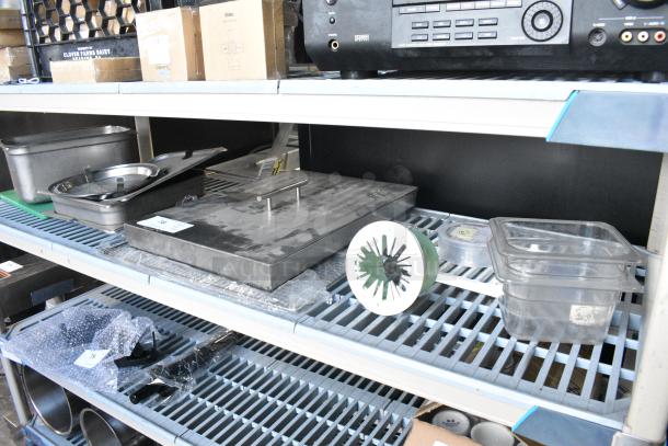 ALL ONE MONEY! Tier Lot of Various Items Including Clear Poly Drop In Bins, Stainless Steel Lid, Donut Racks, Stainless Steel Drop In Bins - Image 1 of 7