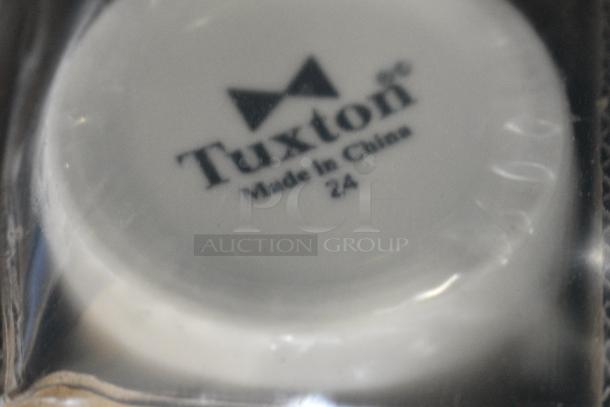 Box of 12 NEW Tuxton DNX-0203 Green Bay / 2 oz. Eggshell China Pipkin with Green Bands - Image 3 of 5