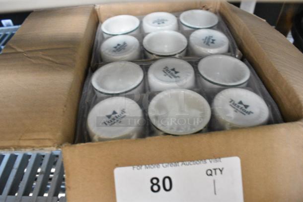 Box of 12 NEW Tuxton DNX-0203 Green Bay / 2 oz. Eggshell China Pipkin with Green Bands - Image 4 of 5