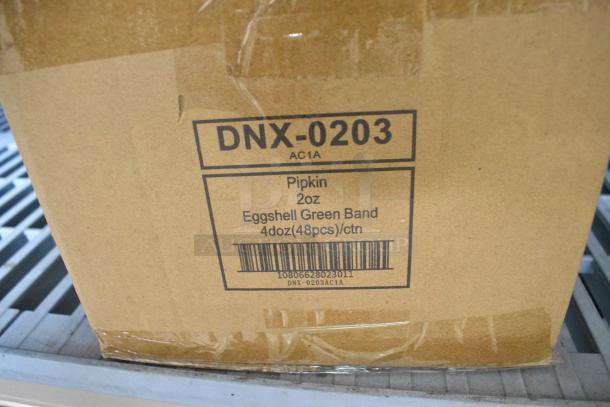 Box of 12 NEW Tuxton DNX-0203 Green Bay / 2 oz. Eggshell China Pipkin with Green Bands - Image 5 of 5