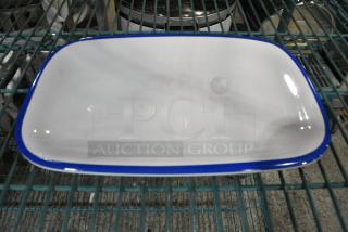 26 BRAND NEW SCRATCH AND DENT! GET CS-1280-W/CB Settlement Bistro 11 3/4" x 7 3/4" White with Cobalt Trim Enamelware Rectangular Melamine Dinner Platter. 26 Times Your Bid!