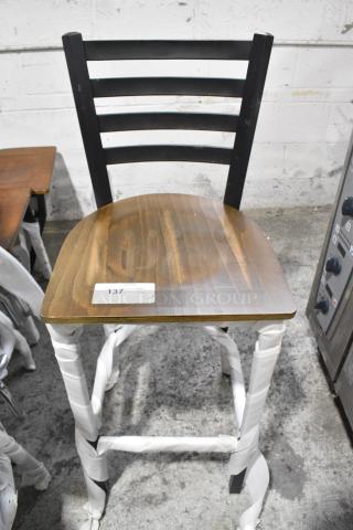 3 BRAND NEW SCRATCH AND DENT! Lancaster Table & Seating 164BMTLADFR Black Metal Ladder Back Bar Height Chair w./ Wooden Seat. 3 Times Your Bid!