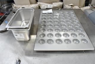 3 BRAND NEW SCRATCH AND DENT! Items Including Choice 4070369 1/3 Size 6" Deep 24 Gauge Anti-Jam Stainless Steel Steam Table / Hotel Pan, and BM176MUF48C2OZ Baker's Lane 48 Cup 2.1 oz. Glazed Aluminized Steel Mini Muffin / Cupcake Pan - 26" x 18". 3 Times Your Bid!