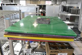 7 BRAND NEW SCRATCH AND DENT! Items Including 40724185GN Choice 24" x 18" x 1/2" Green Polyethylene Cutting Board, Choice 24" x 18" x 1/2" Blue Polyethylene Cutting Board, Choice 24" x 18" x 1/2" Brown Polyethylene Cutting Board, Choice 24" x 18" x 1/2" Purple Polyethylene Cutting Board, Choice 24" x 18" x 1/2" Red Polyethylene Cutting Board, Choice 24" x 18" x 1/2" White Polyethylene Cutting Board, Choice 24" x 18" x 1/2" Yellow Polyethylene Cutting Board. 7 Times Your Bid!