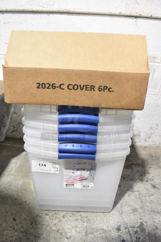 6 BRAND NEW SCRATCH AND DENT! Sterilite 66 Quart Poly Clear Bins w/ 5 Lids. 6 Times Your Bid!