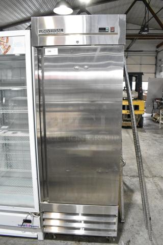 2022 Universal Coolers RIFI-30 Stainless Steel Commercial Single Door Reach In Cooler on Commercial Casters. 115 Volts, 1 Phase. Tested and Working!