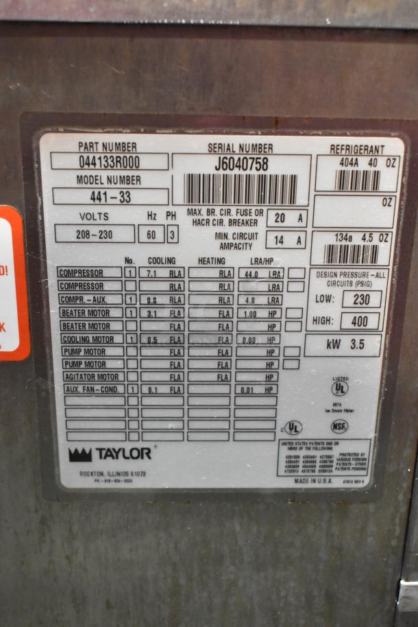 Taylor 441-33 Stainless Steel Commercial Floor Style Water Cooled Single Flavor Ice Cream Machine on Commercial Casters. 208-230 Volts, 3 Phase. - Image 11 of 11