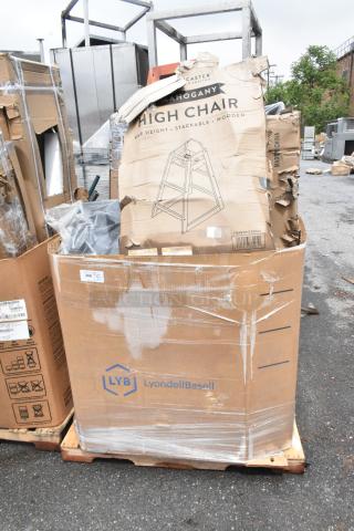 12 BRAND NEW SCRATCH AND DENT! Items Including 164BWHCKDMA Lancaster Table & Seating Bar Height Wooden High Chair with Mahogany Finish - Unassembled, 600B1101412R Regency 1 Bowl Underbar Sink with Drainboard - 24" x 18 3/4" - Right Drainboard, 522ETSG30482 Steelton 30" x 48" 18 Gauge 430 Stainless Steel Work Table with Undershelf and 2" Rear Upturn, 600FT1260SS Regency 12" x 60" 14-Gauge Stainless Steel Floor Trough with Grate, 600DUN1436 Regency 36" x 14" x 8" Aluminum Dunnage Rack - 1350 lb. Capacity, 600DUN1424 Regency 24" x 14" x 8" Aluminum Dunnage Rack - 1300 lb. Capacity. 12 Times Your Bid!