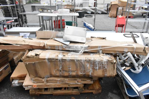 10 BRAND NEW SCRATCH AND DENT! Items Including 600WS1896HD Regency 16 Gauge Stainless Steel 18" x 96" Heavy Duty Wall Shelf, 712B5536D Steelton Stainless Steel Double Tier Speed Rail - 36", 712B5515D Steelton Stainless Steel Double Tier Speed Rail - 15", 600CDT48R Regency 16 Gauge 4' Clean Dish Table - Right Drainboard, 16436RTFWHM Lancaster Table & Seating 36" Round Thermo-Formed MDF Table Top with White Marble Finish, 600T3060G Regency 30" x 60" 18-Gauge 304 Stainless Steel Commercial Work Table with Galvanized Legs and Undershelf. 10 Times Your BId! - Image 1 of 11