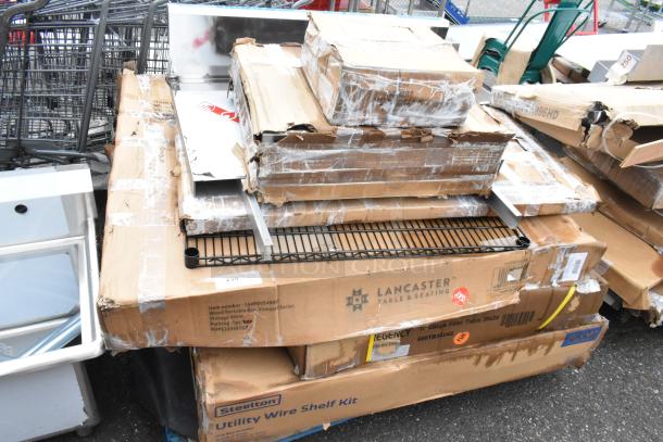 12 BRAND NEW SCRATCH AND DENT! Items Including 4 522HF2520 Steelton 20"(H) x 25"(W) x 2"(T) Stainless Steel Hood Filter, 35128051006 Cooking Performance Group 35128051006 Back Panel Assembly for S36 Series Ranges, 164PBVS48RW Lancaster Table and Seating Vineyard 48" Pine Wood Portable Bar with Vintage White Finish, 460EG2448 Regency 24" x 48" NSF Green Epoxy Wire Shelf, 600TB3024G Regency 30" x 24" 18-Gauge 304 Stainless Steel Equipment Filler Table with Backsplash and Galvanized Undershelf, 465C1848KE5 SHELF KIT 18X48 CHROME W/ 72 EC POST 5 SHELF UTILITY. 12 Times Your Bid! - Image 1 of 10