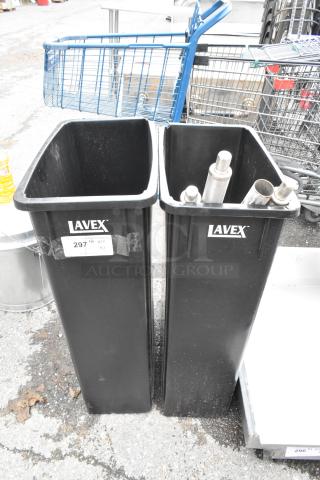 2 BRAND NEW SCRATCH AND DENT! Lavex Black Poly Slim Jim Trash Cans. 2 Times Your Bid!
