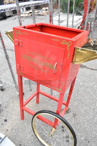 Red Metal Popcorn Machine Cart. Missing Wheel.