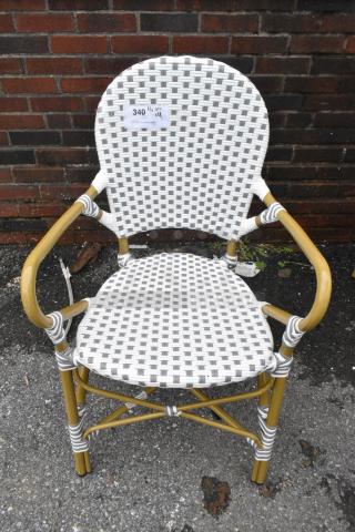 4 White and Gray Wicker Style Dining Height Arm Chair. 4 Times Your Bid!