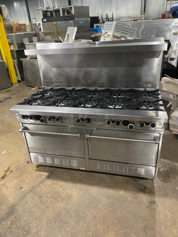 WOW! Garland Commercial Stainless Steel Natural Gas Powered 10-Burner Range/Double Oven Combo! With Back Splash & Overhead Salamander Shelf! With Wired Oven Rack! Model: H284 SN: 112RG089R! On Legs! - Image 1 of 11