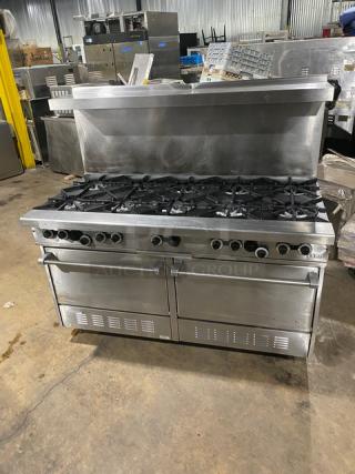 Garland Commercial Stainless Steel Natural Gas Powered 10-Burner Range/Double Oven Combo! With Back Splash & Overhead Salamander Shelf! With Wired Oven Rack! Model: H284 SN: 112RG089R! On Legs!