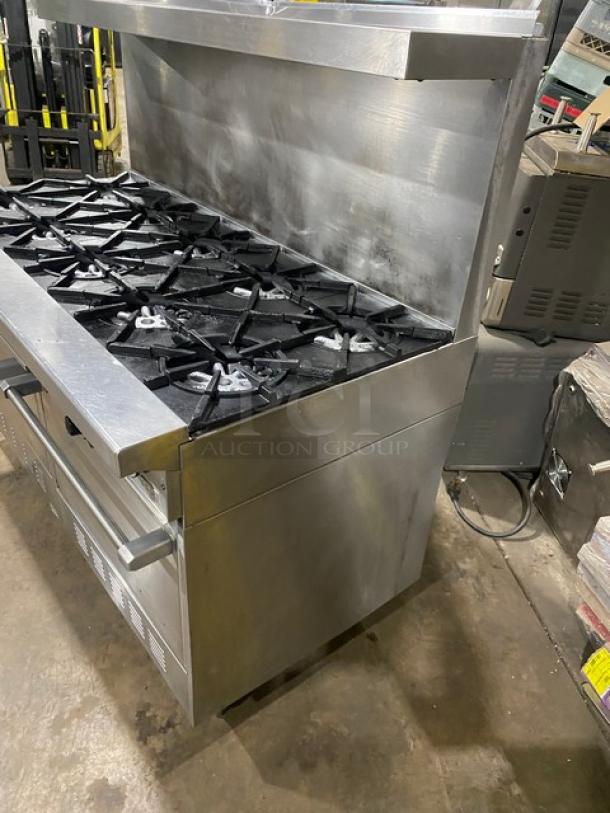 WOW! Garland Commercial Stainless Steel Natural Gas Powered 10-Burner Range/Double Oven Combo! With Back Splash & Overhead Salamander Shelf! With Wired Oven Rack! Model: H284 SN: 112RG089R! On Legs! - Image 2 of 11