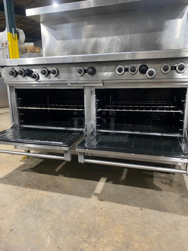 WOW! Garland Commercial Stainless Steel Natural Gas Powered 10-Burner Range/Double Oven Combo! With Back Splash & Overhead Salamander Shelf! With Wired Oven Rack! Model: H284 SN: 112RG089R! On Legs! - Image 7 of 11