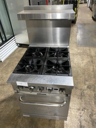 WOW! CPG Commercial Natural Gas Powered 4 Burner Stove! With Raised Backsplash & Salamander Shelf! With Oven Underneath! All Stainless Steel! On Casters!