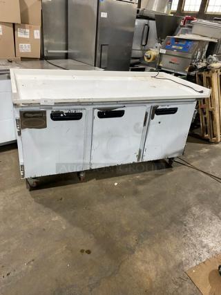 Leader Commercial 3 Door Refrigerated Lowboy/Worktop Table! With Back & Side Splashes! With Poly Coated Racks! Model ESLB72 Serial NE11R1789B! 115V 1Phase!