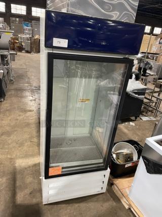 Manitowoc Commercial White Powder Coated Single Glass Swing Door Reach In Merchandiser Refrigerator! With Poly Coated Wire Rack! Model: MER-17-GWG SN: 1007152090020! 115V 1 Phase! - Item #1187532