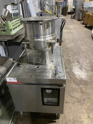 Crown Commercial Stainless Steel Direct Steam 2/3 Steam Jacketed Countertop 10 Gal. Tilting Steam Kettle/Market Forge Commercial Stainless Steel Electric Powered Boiler Base! With Swing Spout Faucet! Model: DC-10/M24E18A SN: 3962-5V-3218! 208V! On Legs!