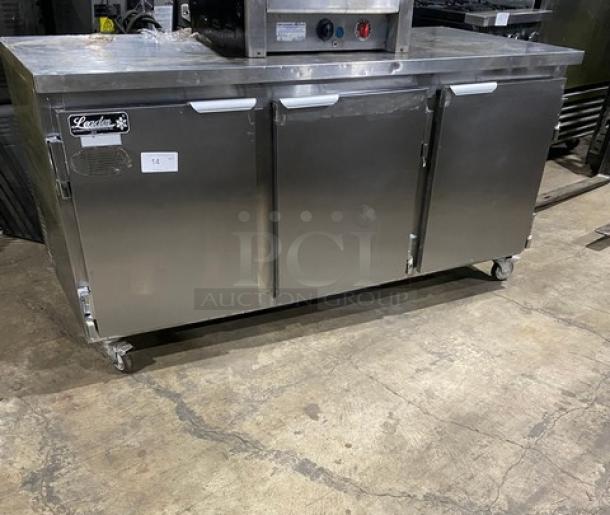 Leader Commercial 3 Door Refrigerated Work/Prep Table! With Poly Coated Racks! All Stainless Steel! Model ESLB72S/C Serial NO05S1519! 115V! On Casters! - Image 1 of 8