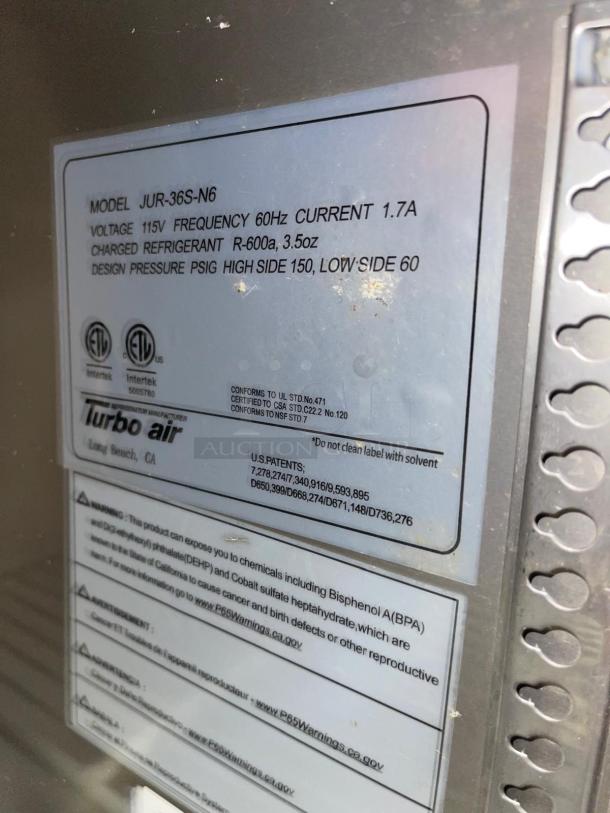 Turbo Air JUR-36S-N6 35 3/8" W Undercounter Refrigerator w/ (1) Section & (1) Door, 115v - Image 5 of 5