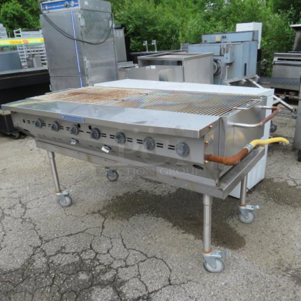 One Bakers Pride Ultimate Outdoor LP Gas Charbroiler On A Stainless Steel Stand On Casters. Model# CBBQ-60S. 68X34X36. - Image 4 of 4