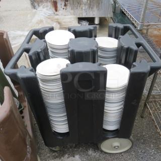 One Cambro Portable Plate Cart On Casters Filled With Assorted Plates.