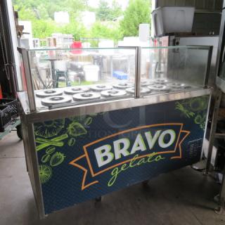 One All Star Refrigerated Gelato Cart Will Hold 12 Gelato Varieties, With Glass Sneeze Guard And Over Shelf. Working Not Cold. #515. 120 Volt 69X28X48