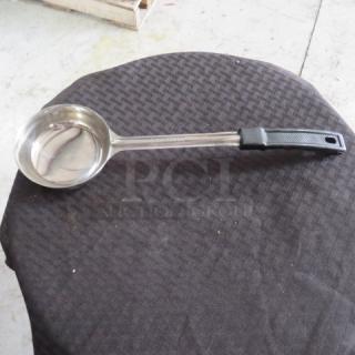 Stainless steel ladle with black grip handle, in good condition. Smooth finish, ideal for kitchen use.