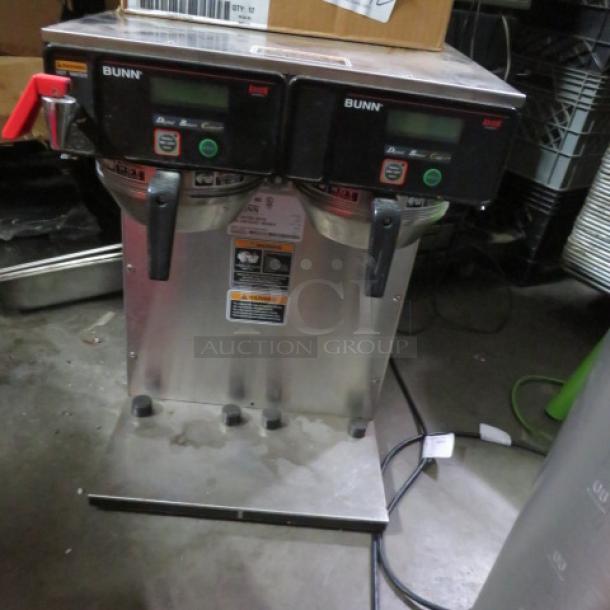 Bunn commercial dual coffee brewer, stainless steel, two digital displays, red switch, light wear, used condition.