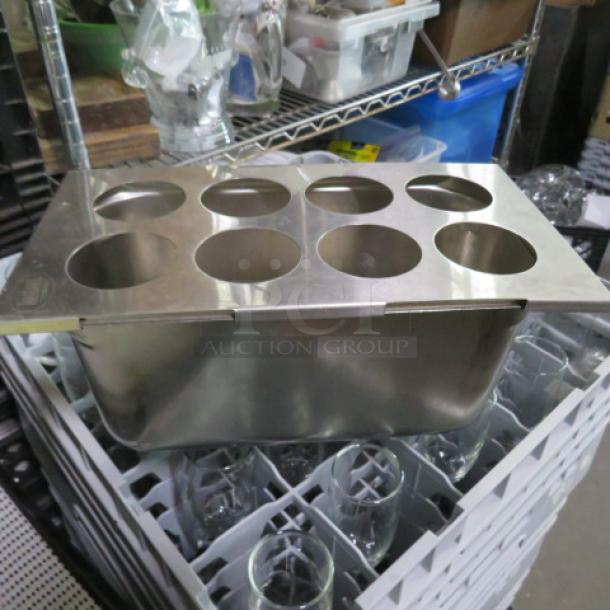 Stainless steel eight-hole ice cream cone holder, commercial-grade, excellent condition, ideal for catering displays.