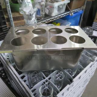 Stainless steel eight-hole ice cream cone holder, commercial-grade, excellent condition, ideal for catering displays.