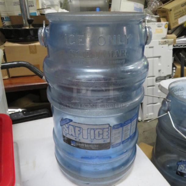 Blue plastic ice container, marked "ICE ONLY" and "SAF ICE" with "San Jamar" branding, used condition.