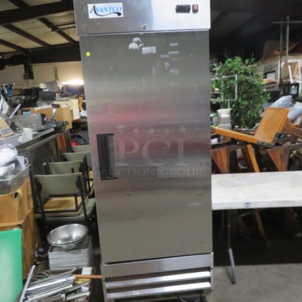 One WORKING Avantco 1 Door Stainless Steel Refrigerator With 3 Racks On Casters. Model# 178A23RHC. 115 Volt. 29X32X83 - Image 1 of 1