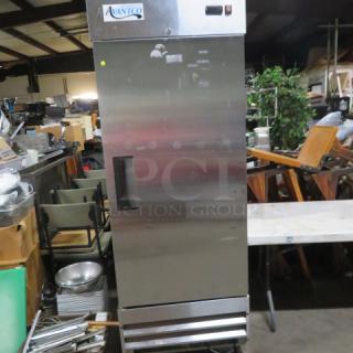 One WORKING Avantco 1 Door Stainless Steel Refrigerator With 3 Racks On Casters. Model# 178A23RHC. 115 Volt. 29X32X83 - Item #1193144