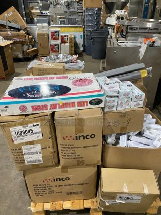 BRAND NEW! MIXED PALLET! Winco Winware Series Commercial Electric Powered Pizza Style LED Light! Model: LED-11! With Winco Commercial Stainless Steel Scrubber! 144 Per Case! Model: SPG-50! With Winco Winware Series Commercial Stainless Steel 4 Oz. Disher/Portioner! Model: ISS-8! With Winco Commercial Clear 3 Oz. Paneled Glass Shaker! 12-Dozen Per Case! Model: G-117! With Winco Commercial 12