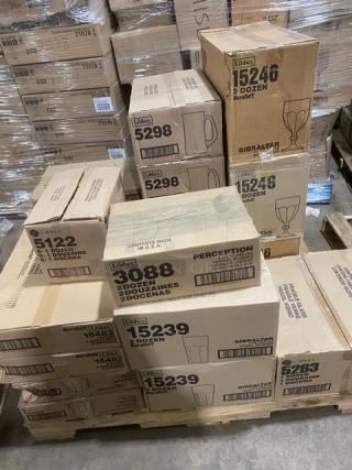 BRAND NEW! MIXED PALLET! Libbey Inverness Series Commercial Clear 12.25 Oz. Rocks/Double Old-Fashioned Glass! 2-Dozen Per Case! Model: 15482! With Libbey Duratuff Gibraltar Series Commercial Clear 7 Oz. Hi-Ball Glass! 3-Dozen Per Case! Model: 15239! With Libbey Perception Series Commercial Clear 4.125 Oz. Cordial Glass! 2-Dozen Per Case! Model: 3088! With Libbey Gibraltar Series Commercial Clear 34 Oz. Beverage Pitcher! 1-Dozen Per Case! Model: 5263! With Libbey Commercial Clear 1 Oz. Shot Glass! Model: 5122! With Libbey Duratuff Gibraltar Series Commercial Clear 8-1/2 Oz. Wine Glass! 3-Dozen Per Case! Model: 15246! With Libbey Scandinavia Series Commercial Clear 15 Oz. Large Beer Mug! 1-Dozen Per Case! Model: 5298! With Libbey Commercial Clear 7 Oz. Rocks Glass! 2-Dozen Per Case! Model: 1654SR! 28X Your Bid!