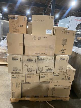 BRAND NEW! MIXED PALLET! Arcoroc Commercial Clear Tempered Glass 8-1/4 Oz. Stemmed Glassware! 48 Per Case! Model: H7834! With Arcoroc Essensials Series Commercial Clear 11 Oz Tubo Hi-Ball Glass! 24 Per Case! Model: 15012! With Arcoroc Commercial Clear Fully Tempered Stack-Up Hi-Ball Glass! Model: H7763! With Arcoroc Excalibur Breeze Series Commercial Clear 15-3/4 Oz. Wine Glass! 48 Per Case! Model: H7836! With Arcoroc Excalibur Series Commercial Clear 12 Oz. Brandy Glass! 24 Per Case! Model: 71079! & MORE! 39X Your Bid!
