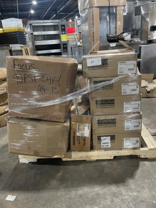BRAND NEW! MIXED PALLET! Carlisle Commercial Dark Blue Melamine Rectangular 6-Compartment Meal Tray! 12 Per Case! Model: 4398050! With Vollrath Wear-Ever Series Commercial Aluminum 18-7/8" Round Flat Pot/Pan Cover! Model: 67581! With Cambro H-Pan Series Commercial Amber High Heat 1/4-Size 4" Deep Food Pan! Model: 44HP150! With Carlisle Commercial Green 6 Qt. Cleaning Solution Suds-Pail/Mop Bucket! With White Grip Handle! 12 Per Case! Model: 1183209! With Rubbermaid Commercial 4 Qt. Bouncer Measuring Cup! Model: FG321800CLR! & MORE! 20X Your Bid!